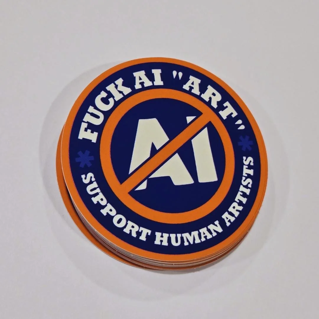 blue and orange version of the sticker shown front view