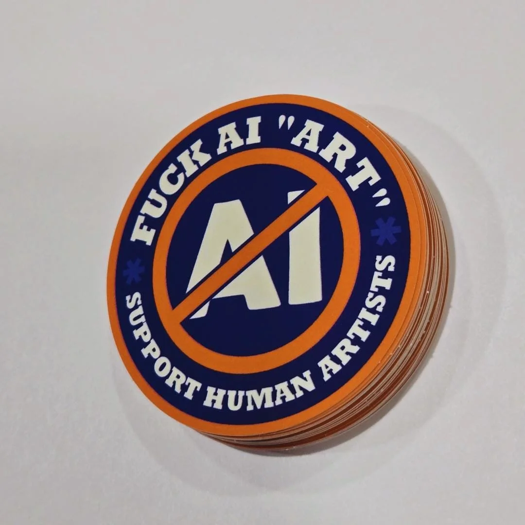 blue and orange version of the sticker shown side view