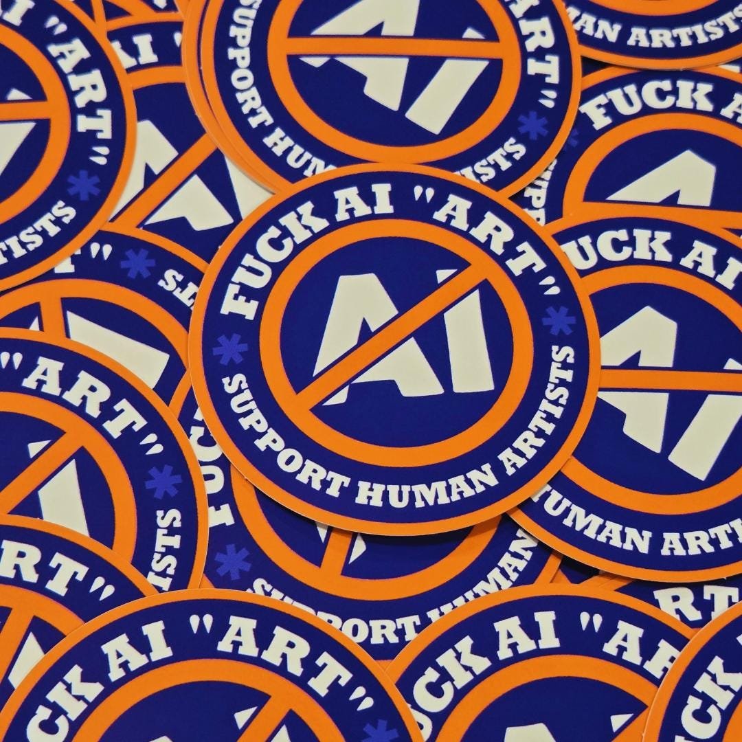 blue and orange version of the sticker shown with all the stickers in a mess