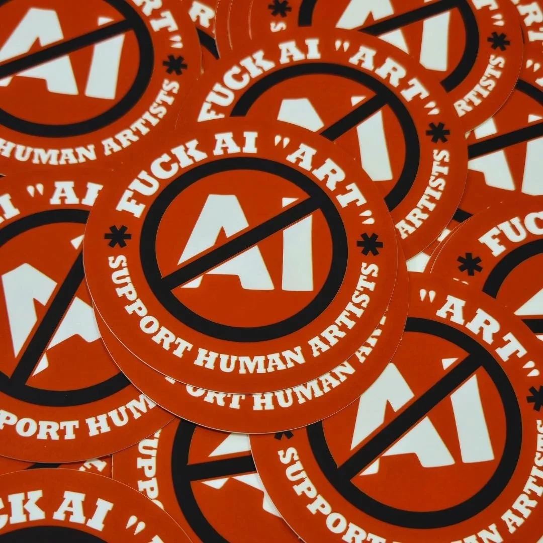 red version of the sticker shown in a mess