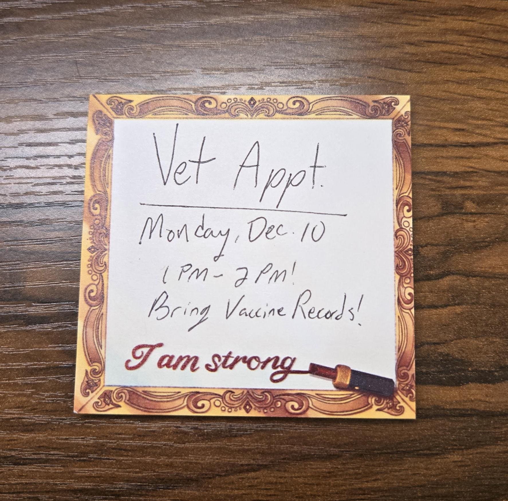 same vintage sticky note with a note reminding of the vet
