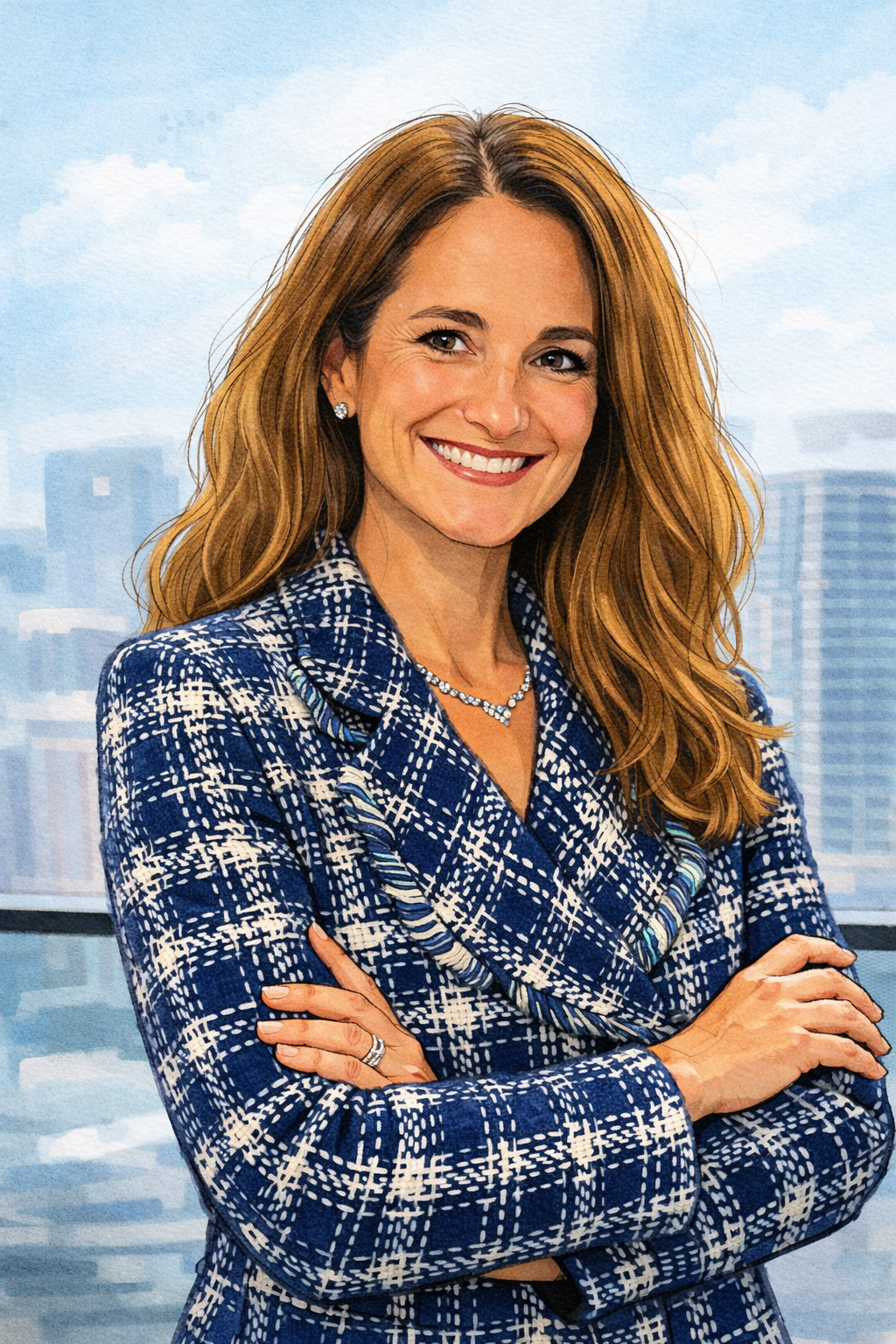 A woman with long, wavy reddish-brown hair wearing a blue and white patterned blazer and jewelry, smiling with arms crossed in front of a cityscape background with buildings and a cloudy sky.