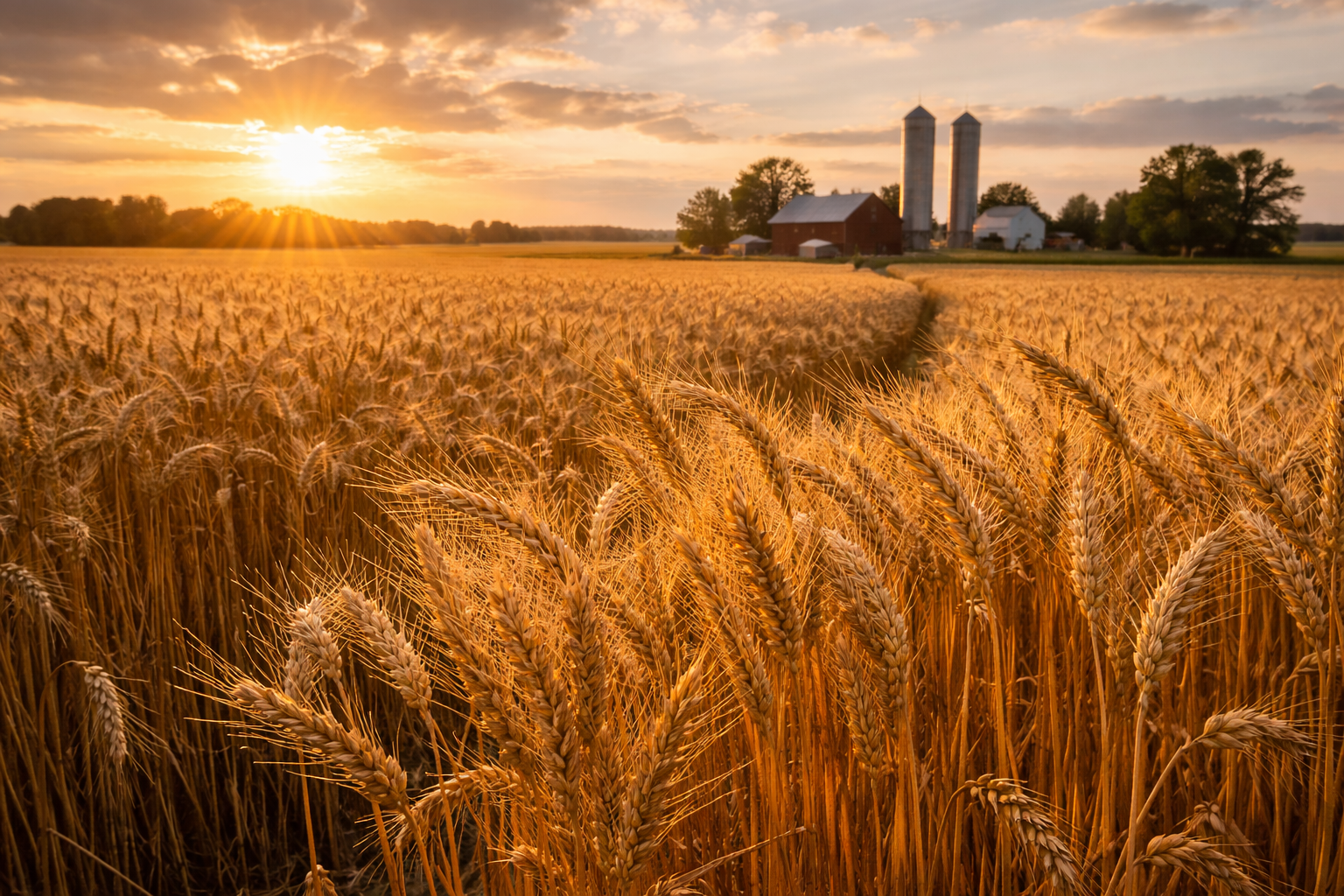 Golden wheat field at sunset with a farm and barn in the background.