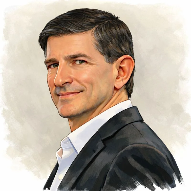 A professional man in a black suit and white shirt looking over his shoulder with a slight smile against a plain background.