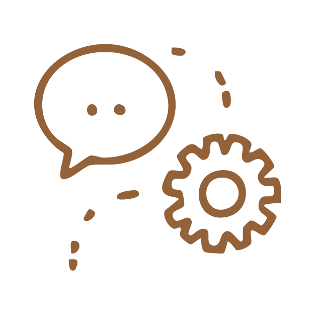 Chat bubble icon next to a gear icon, both outlined in brown.