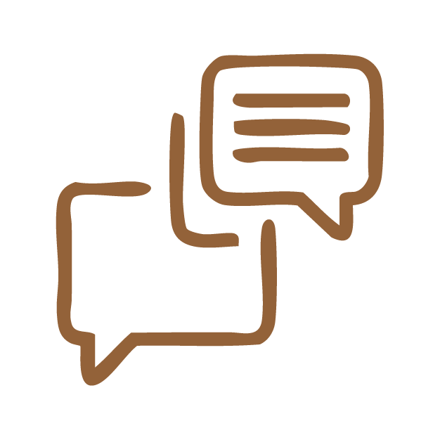 Outline of two speech bubbles, one larger and one smaller, representing a conversation or chat.