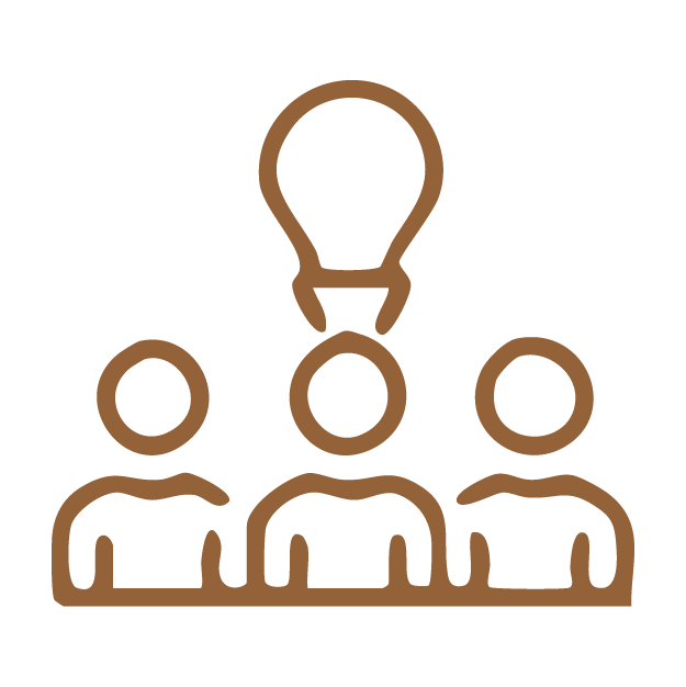 Outline of three people with a lightbulb above their heads, symbolizing ideas or collaboration.