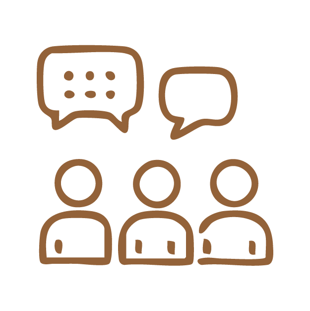 Outline of three people having a discussion with two speech bubbles above their heads.