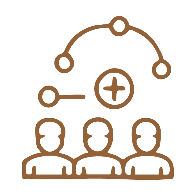 Icon of three people with a plus sign and connecting nodes above, representing team building or networking.