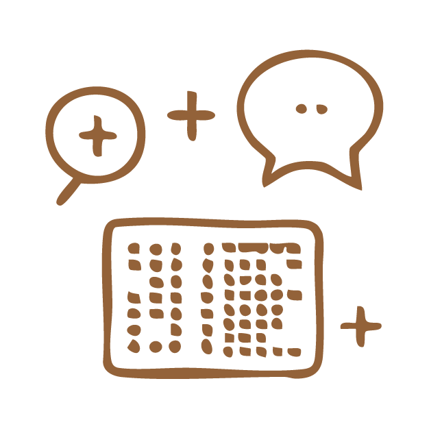 Line drawing of a crossword puzzle with magnifying glass and speech bubble icons.