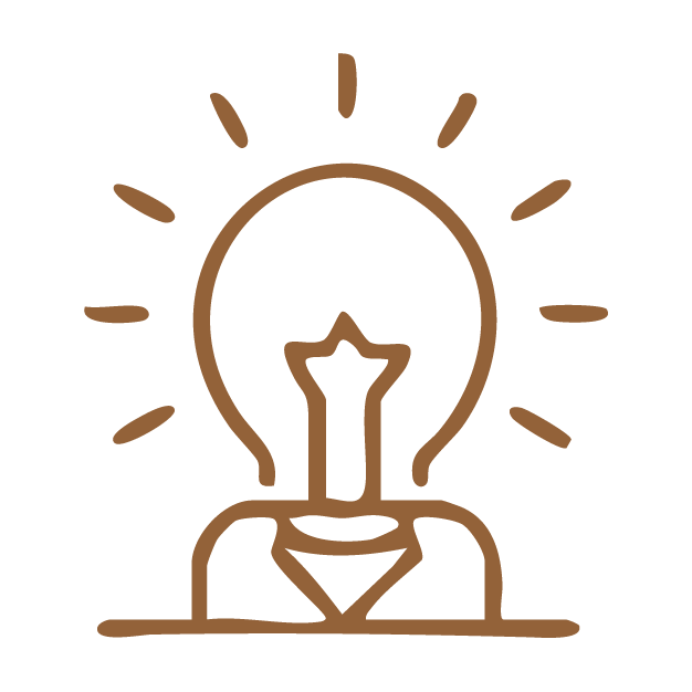A simple line drawing of a person with a light bulb for a head, symbolizing an idea or creativity, with rays emanating from the light bulb.