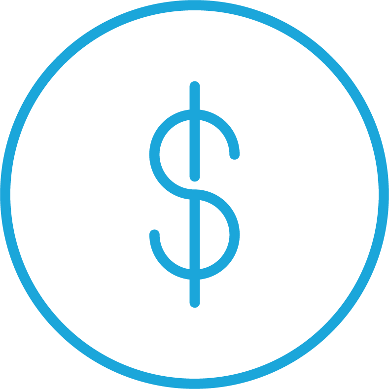 A black circular icon with a blue dollar sign inside and a blue border.