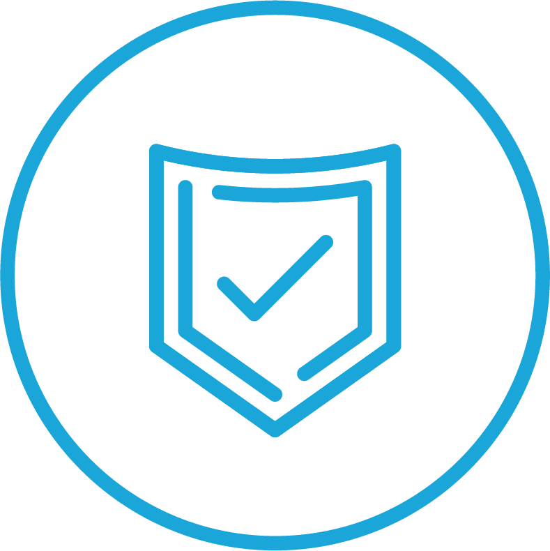 Outline of a shield with a checkmark inside, surrounded by a blue circle.