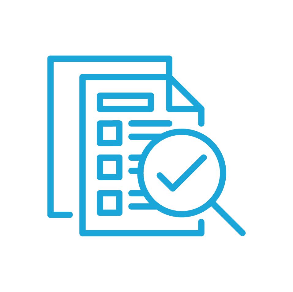 Outline icon of a document with checkboxes, magnifying glass, and a checkmark symbol.