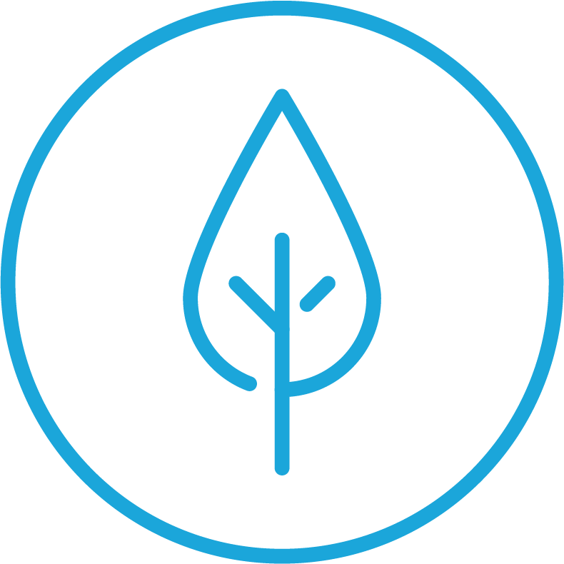 A logo featuring a blue outline of a leaf enclosed in a circle.