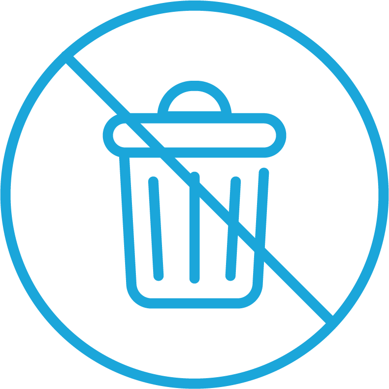 No trash or littering sign with a blue circle and slash over a trash can icon.