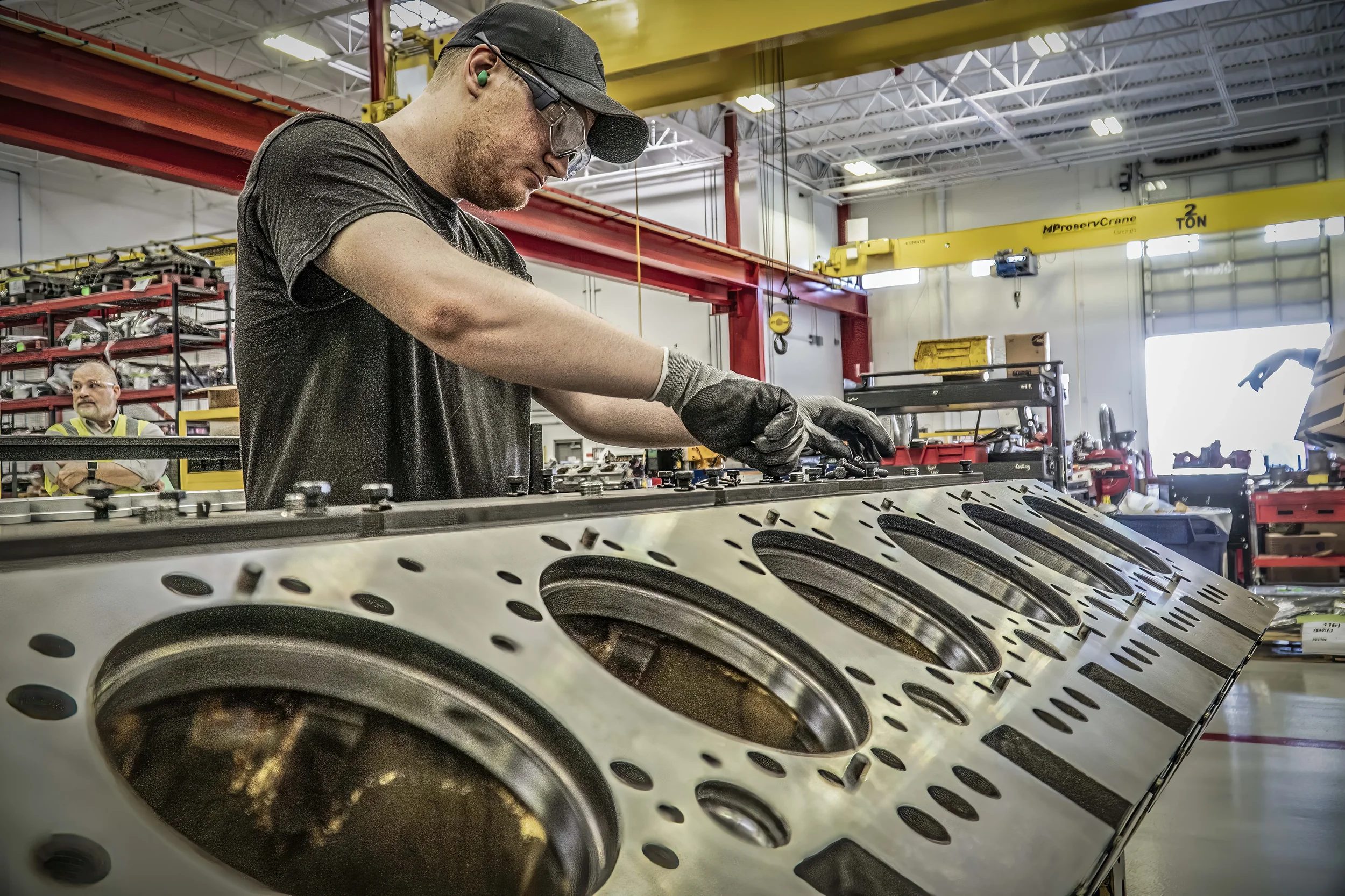 Manufacturing technician assembles and calibrates large industrial components inside a production facility, highlighting precision workmanship, quality control, and advanced manufacturing processes.