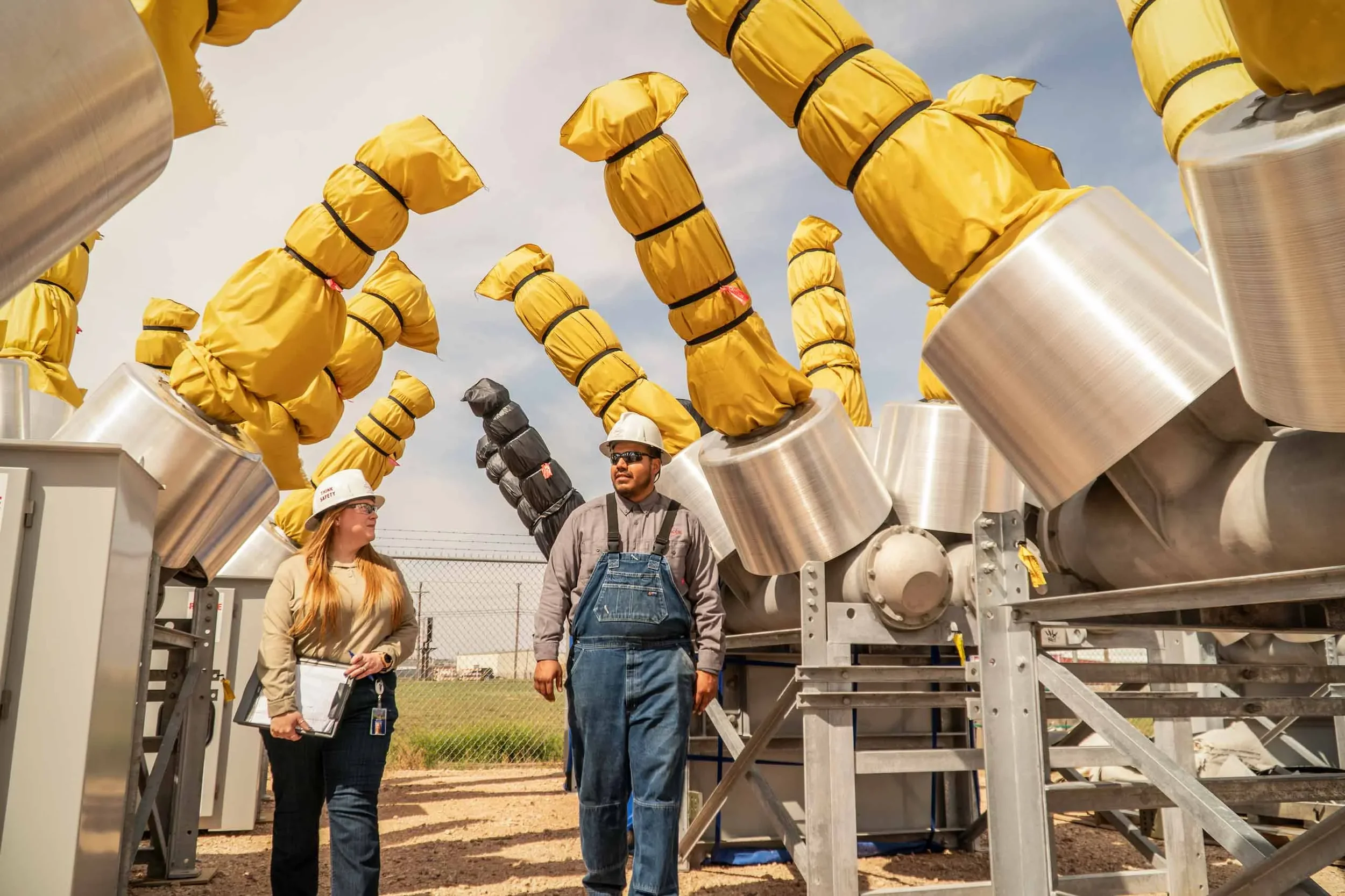 Industrial energy workers conduct inspections among high-voltage electrical components at a power facility, illustrating safety-driven operations, utility infrastructure management, and grid reliability.