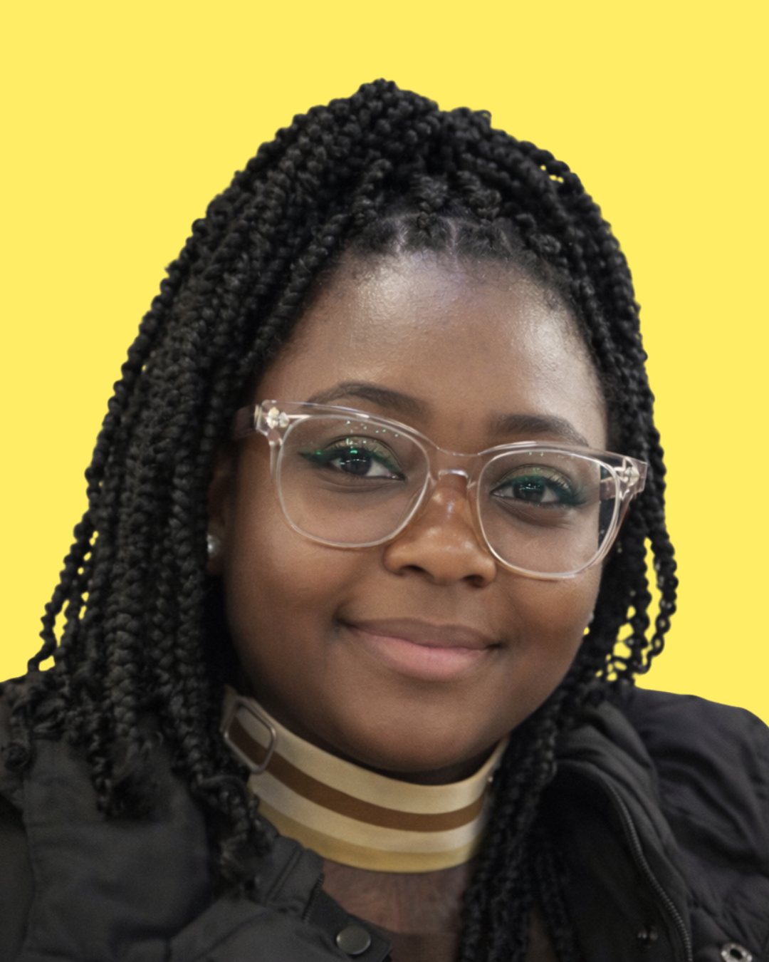 Close-up portrait of a woman with braided hair, wearing glasses, a choker, a black jacket, and a yellow background.