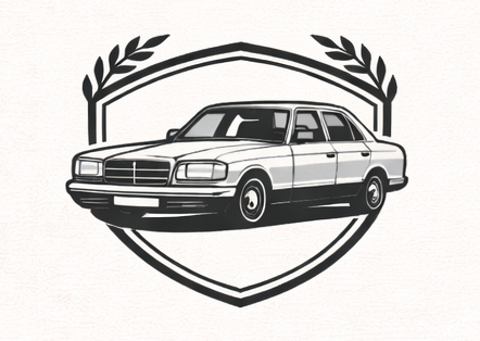 Illustration of a classic Mercedes car inside a shield-shaped emblem with laurel branches.