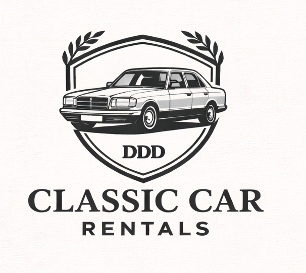 Logo of DDD Classic Car Rentals featuring a vintage sedan inside a shield with laurel branches.