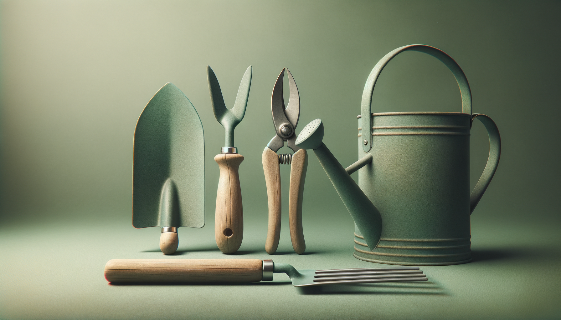 Collection of gardening tools including a trowel, fork, pruning shears, a watering can, a hand rake, and gloves on a green background.