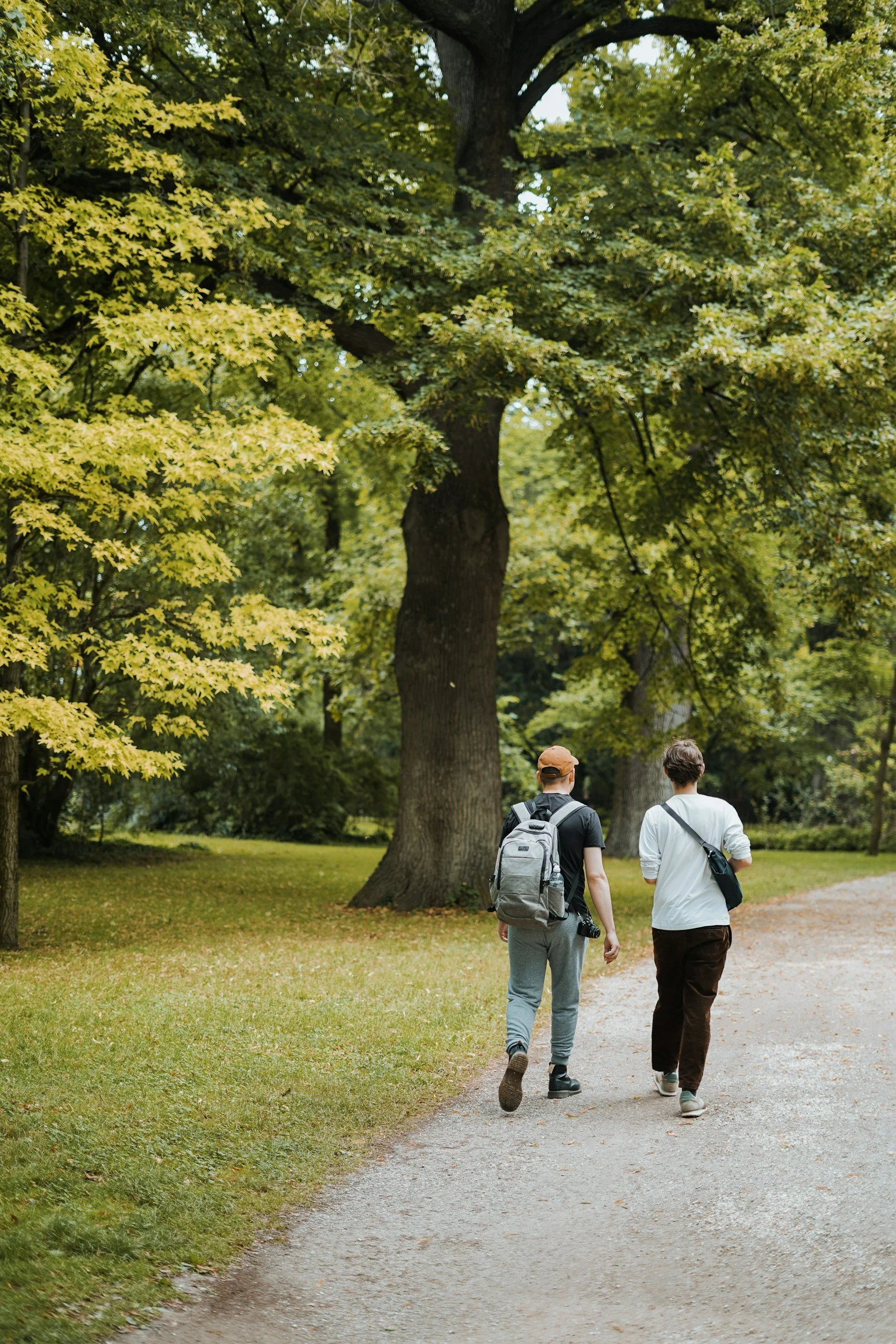 Two young men walking on a gravel park trail under a large leafy tree, one with a backpack and camera and the other with a crossbody bag.