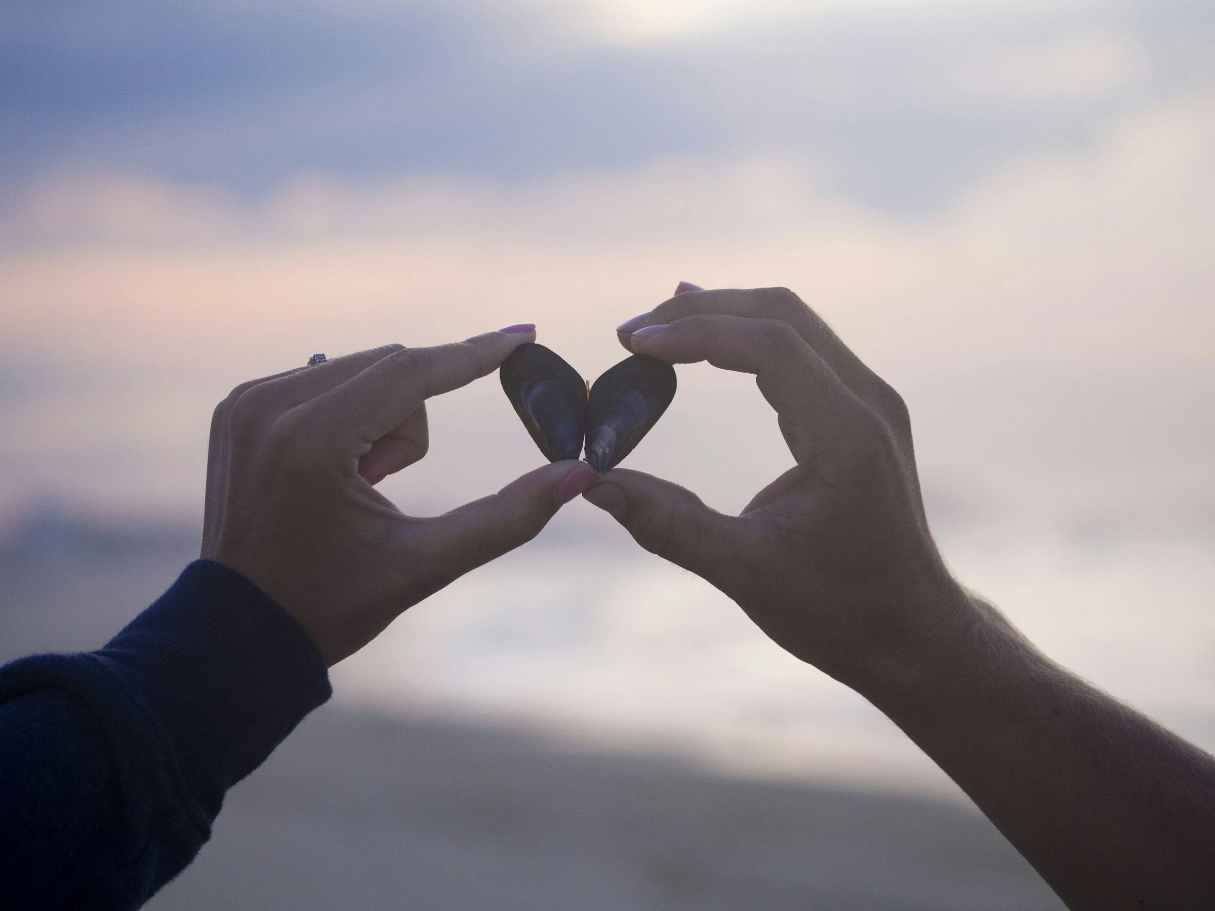 Two hands, one with a ring, holding black mussels in the shape of a heart against a soft pastel sky.