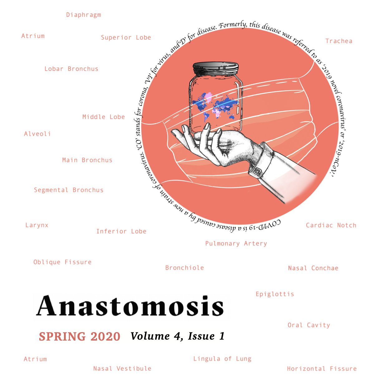 Cover of a medical journal titled 'Anastomosis' with spring 2020 issue, featuring an illustration of a hand holding a jar with a world map inside, surrounded by a face mask. Various parts of the respiratory system are labeled around the illustration, including the trachea, lungs, bronchi, alveoli, and other related structures.