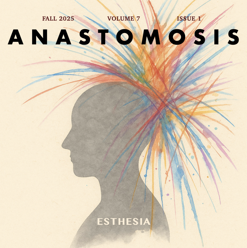 Cover of Anastomosis journal, Fall 2025, Volume 7, Issue 1, showing a silhouette of a person’s head and shoulders with colorful abstract lines emanating from the top of the head.