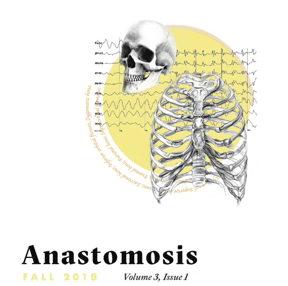 Cover of a medical journal titled 'Anastomosis' showing a human skull, a rib cage, and a background of electrocardiogram lines with a yellow circle. The cover indicates it's for Fall 2019, Volume 3, Issue 1.