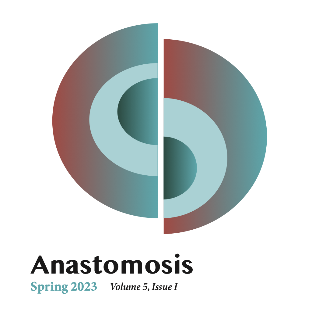 Cover of a journal titled 'Anastomosis' with a stylized, circular, abstract geometric art in shades of blue, green, and red. The issue is Spring 2023, Volume 5, Issue 1.