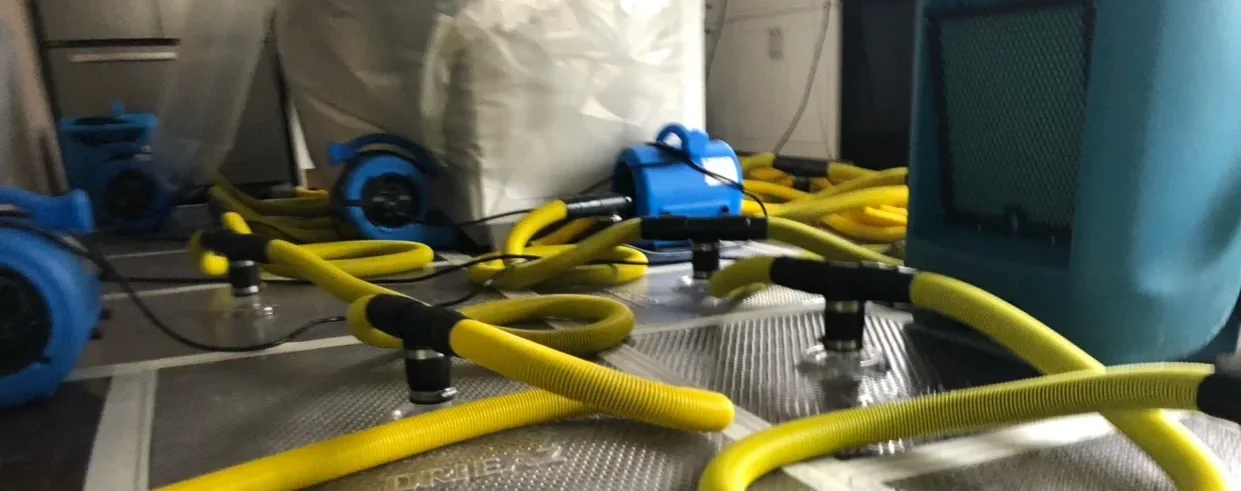 Close-up of yellow and black hoses connected to blue and black devices on a metal surface.