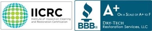 Logos of IICRC and BBB A+ rated Dry-Tech Restoration Services, LLC.
