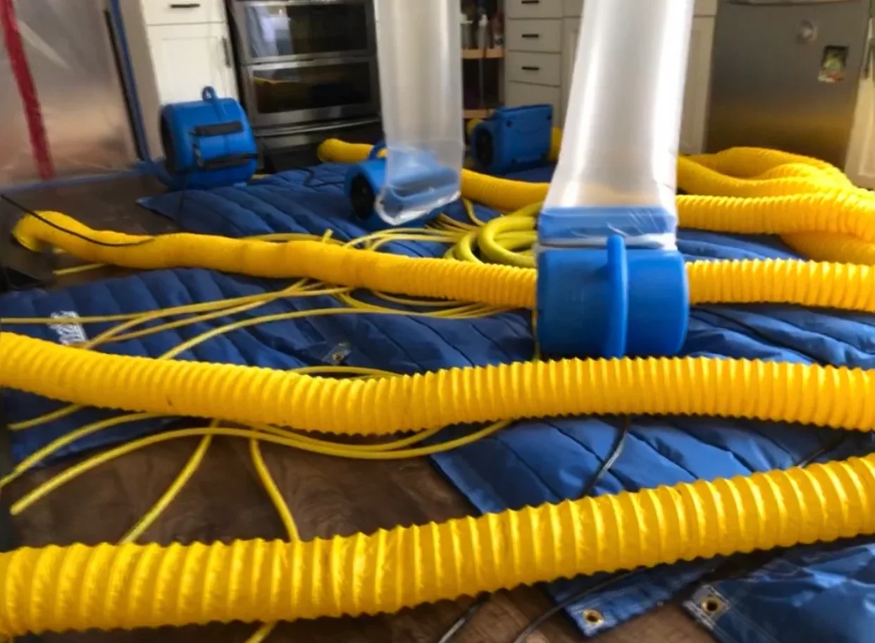 Indoor setup with yellow flexible hoses, blue equipment, and clear plastic tubes on a wooden surface. The background shows kitchen appliances and a quilted blue mat.