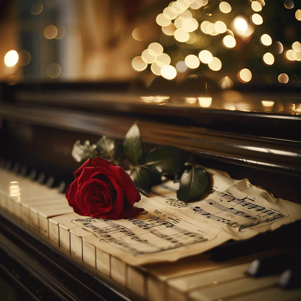 A red rose resting on sheet music placed on a black piano keyboard with soft, warm holiday lights in the background.