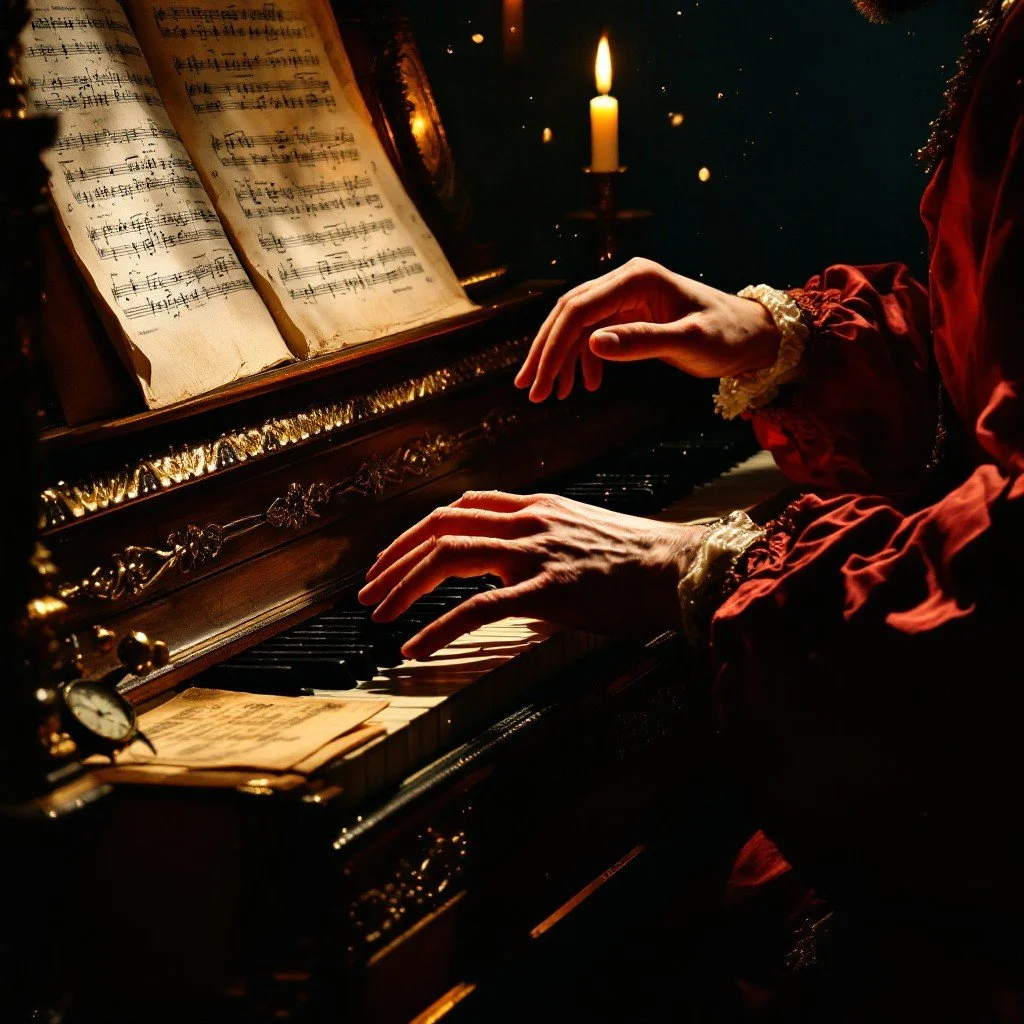 Person playing a vintage piano with sheet music, lit by a candle, during a festive setting.
