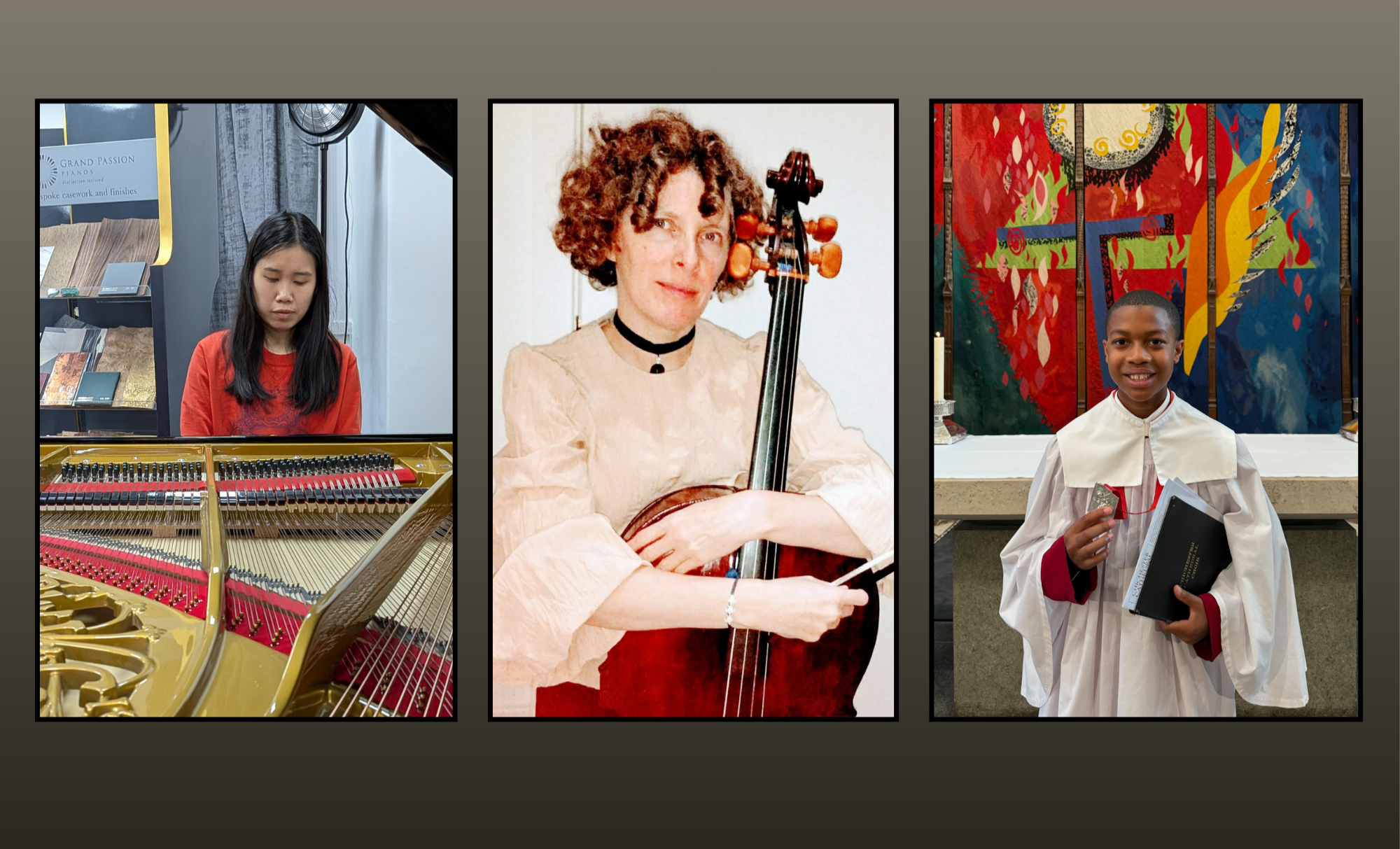 Pianist Yvonne Cheng, Cellist Tabitha Tuckett, Head Chorister for Chichester Cathedral Malaki Conteh.