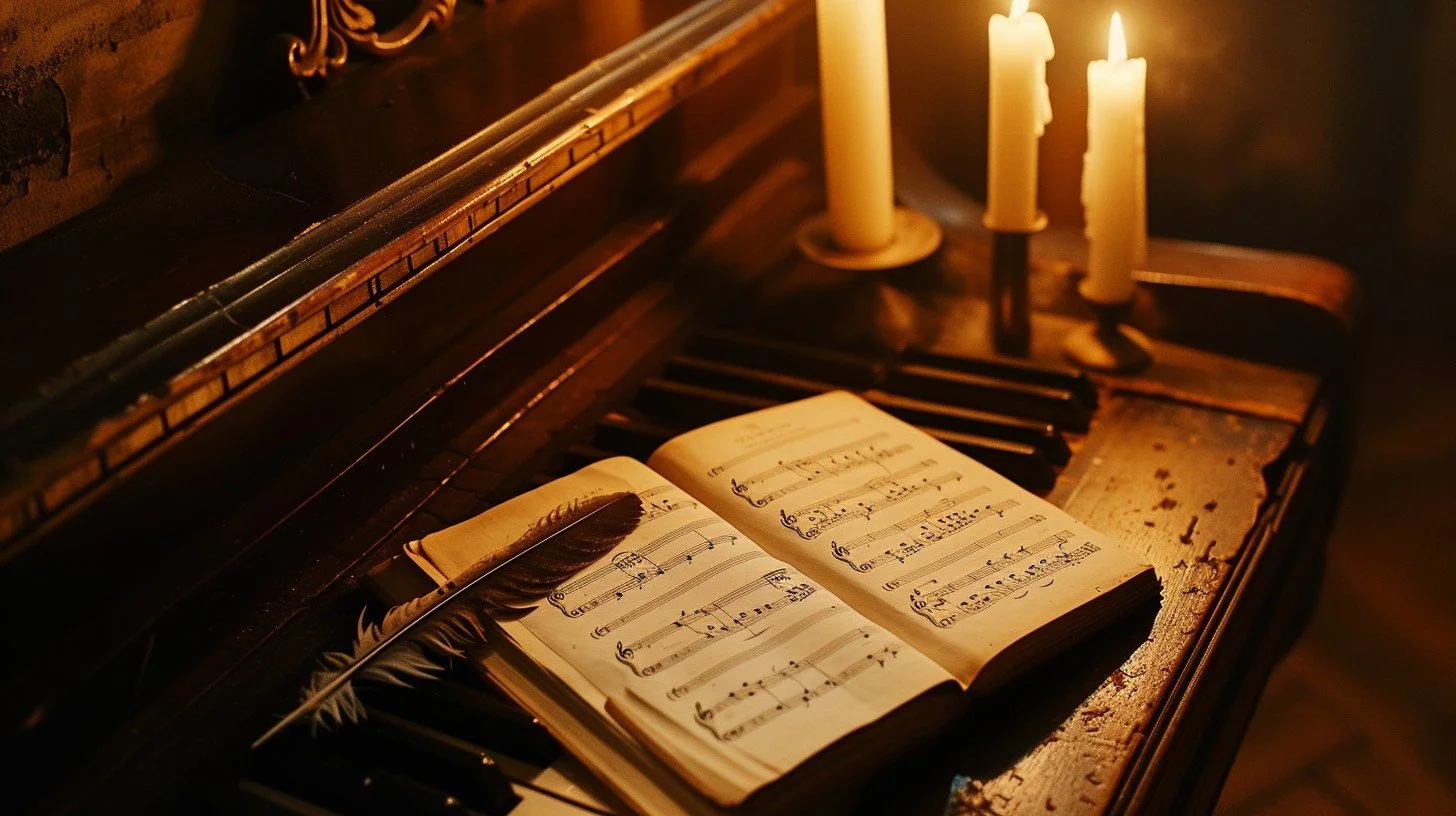 An open sheet music book resting on a vintage piano with a feather quill pen on top. Three lit candles are burning on the piano, casting a warm glow over the scene.