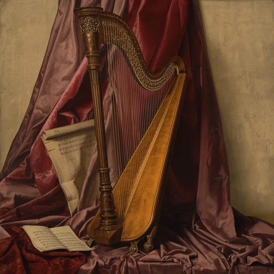A wooden harp with sheet music and book placed on the draped fabric background.