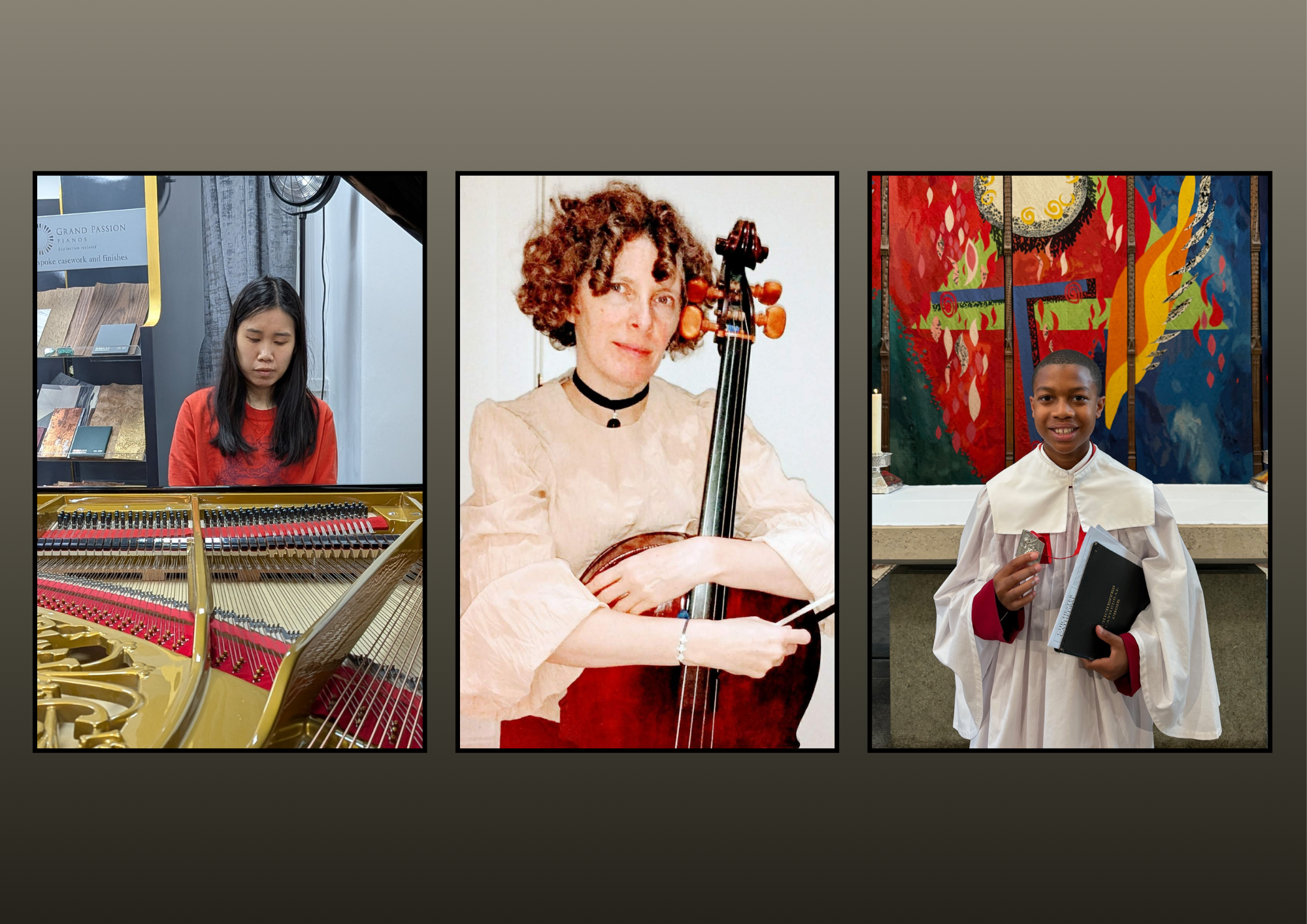 Three individuals with musical instruments and choir attire. The first person is a young woman playing a grand piano. The second person is a woman holding a cello. The third person is a young boy dressed in choir robes, holding a hymn book and a small object, standing in front of colorful abstract artwork.