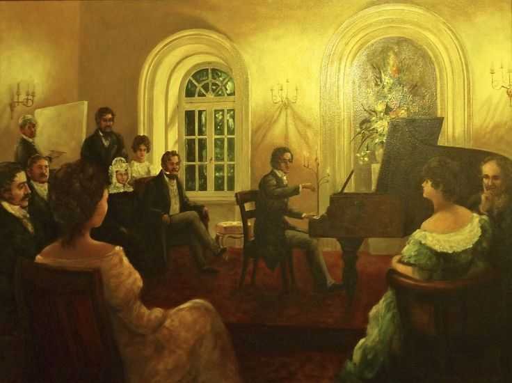 A group of people in formal attire gathered in an elegant room, watching a man play the piano.