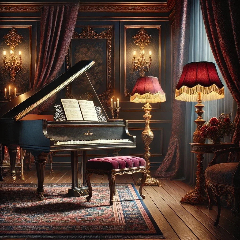 An elegant music room with a grand piano, velvet curtains, ornate lamps, and classical decor.