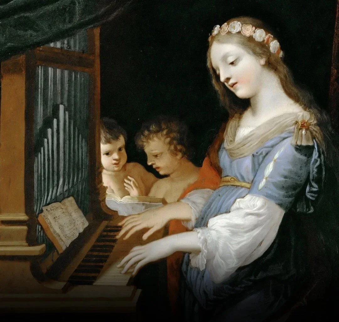 A classical painting depicting a woman playing a keyboard with two children beside her, one of whom is reading a book; all are dressed in period clothing.