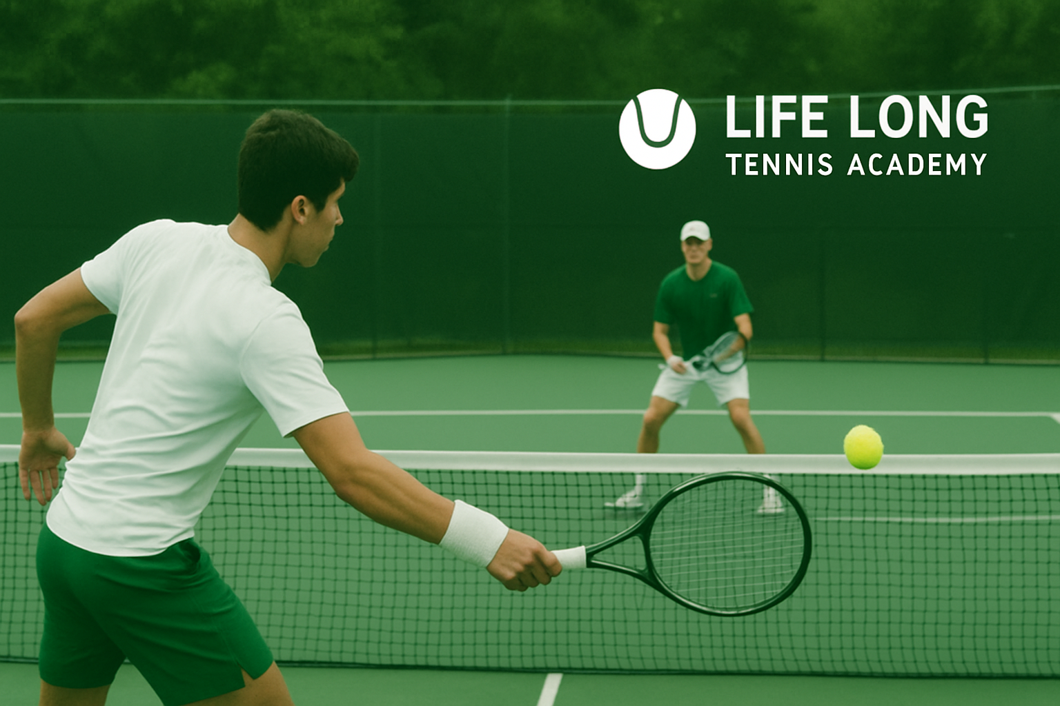 Two young men playing pickleball on an outdoor court, one in the foreground preparing to hit a yellow ball with a black paddle, the other in the background holding a paddle and watching. The court has a green surface with a black net, and a green fence and trees are visible behind.