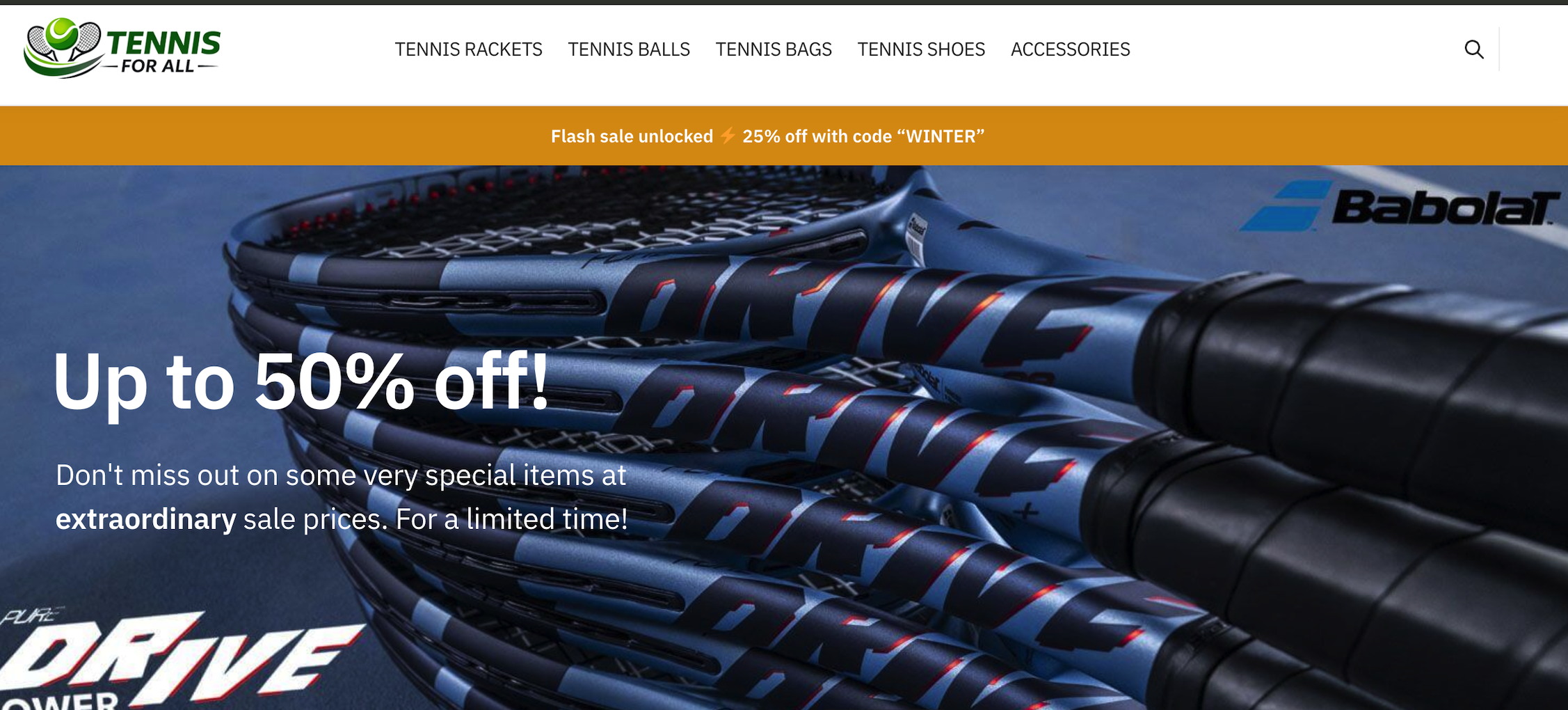 Tennis rackets stacked on top of each other on a blue surface with promotional text offering up to 50% off and a sale code for winter.