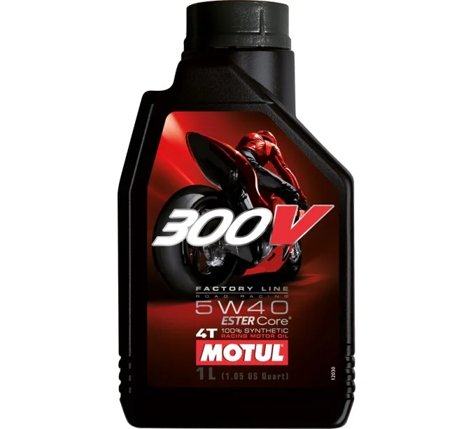 Bouteille d'huile moteur Motul 300V 5W40 pour motos, avec un design graphique d'une moto rouge et un motard en action sur l'étiquette.