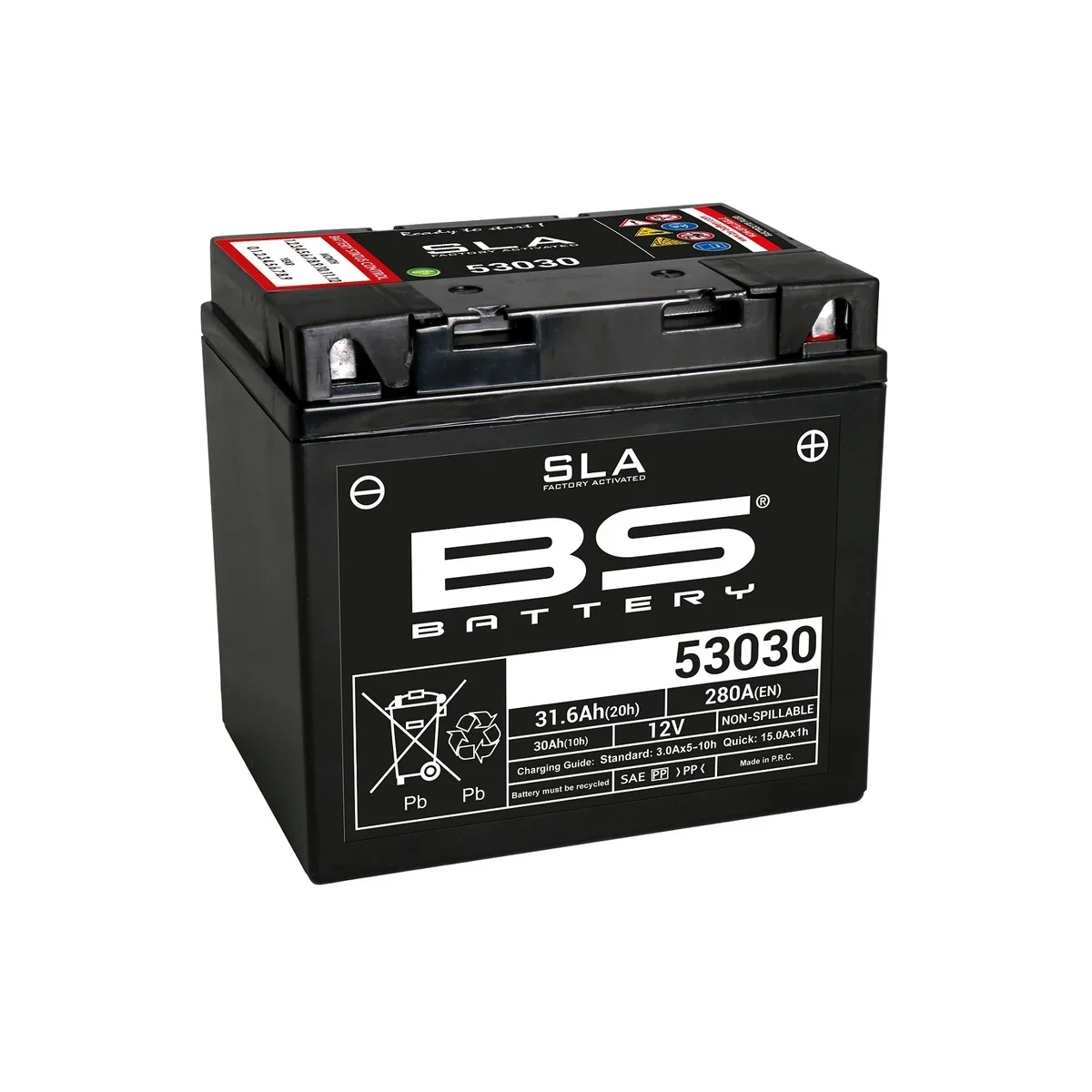 Une batterie de voiture noire avec un étiquette indiquant 53030, 31,6 Ah, 12 V, et 280 A (EN).