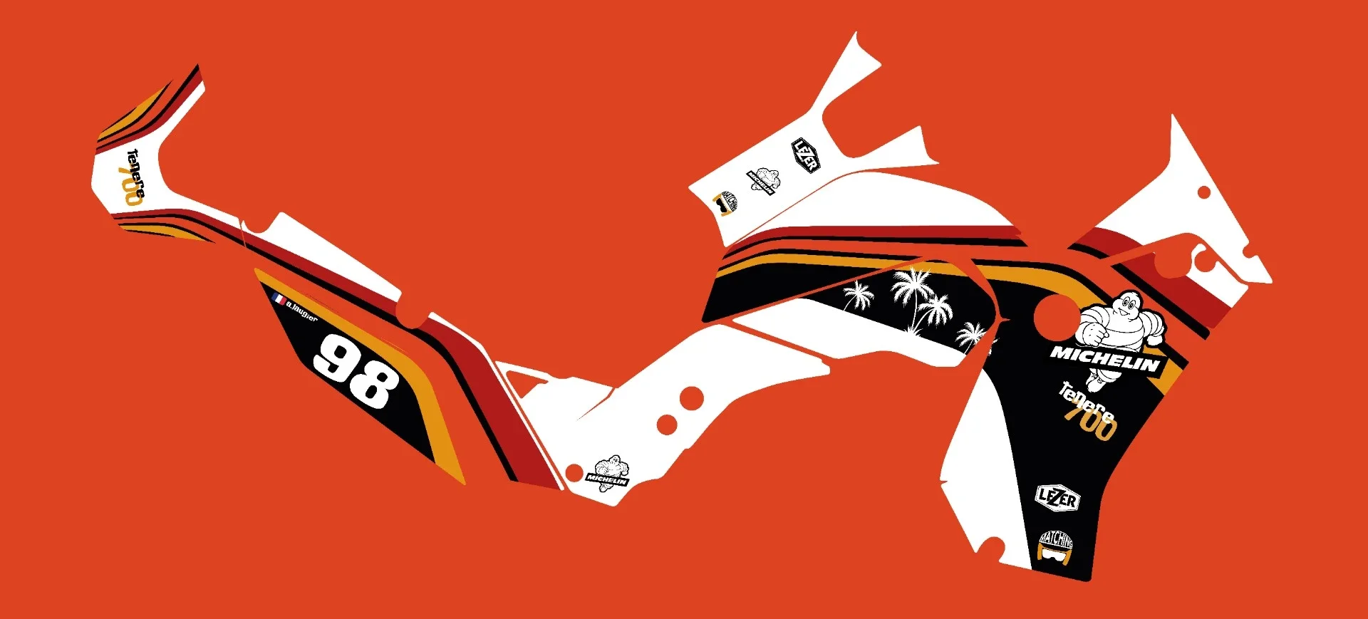 Une illustration stylisée d'un kit déco de moto pour Yamaha Ténéré 700 avec des logos de sponsors tels que Michelin et Lezer, en couleur noir, blanc, rouge, orange et jaune sur fond orange.  Garage Akira motors entretient et réparation moto à Lyon.