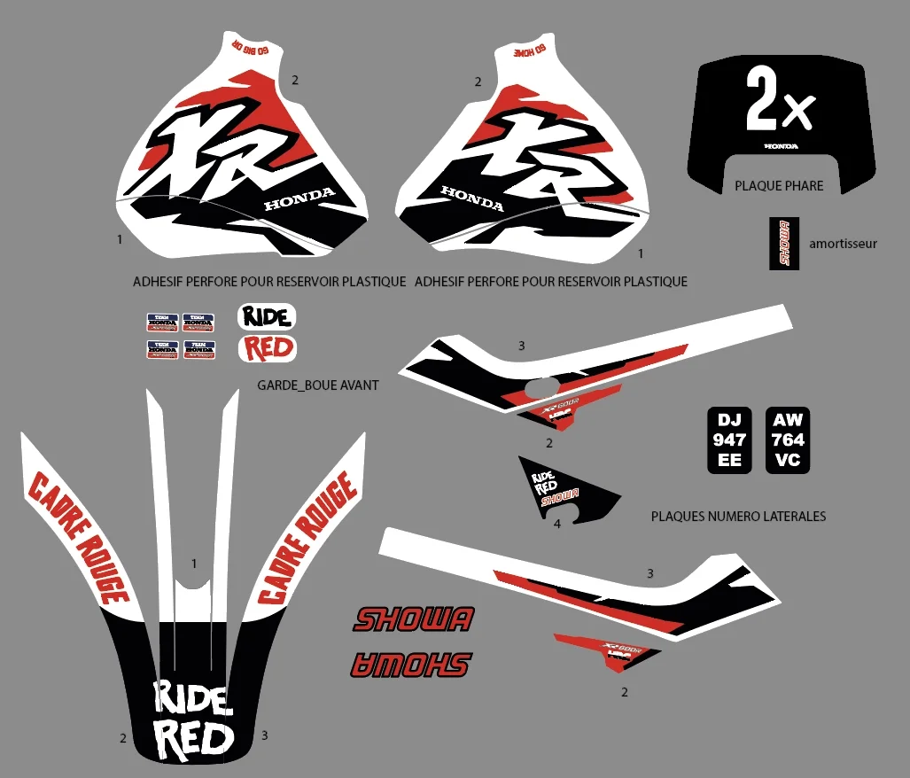 Décalcomanie pour une moto Honda XR 250 R. Comprend des autocollants pour le réservoir, la garde-boue avant, les plaques latérales, et d'autres éléments de décoration en noir, blanc, rouge, avec inscriptions telles que "Ride Red", "Honda", "Showa" et divers numéros de modèle.